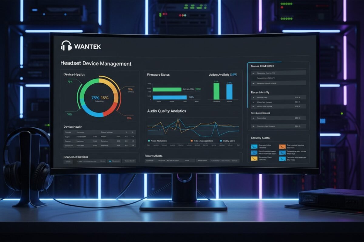 一台显示企业耳机管理仪表板的计算机显示器，为IT管理员提供固件更新和设备状态分析信息