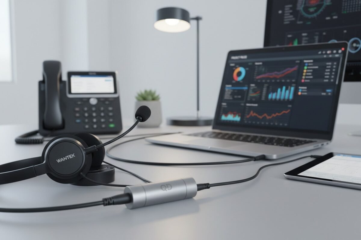 跨平台连接演示：同一副QD耳机通过不同接口连接桌面电话、电脑与移动设备，展示面向未来的设备兼容性